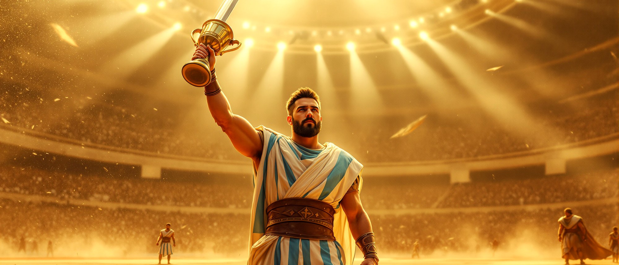 Gladiator standing victorious in the colosseum holding trophy